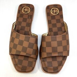 MKS Brown Checkered Square Toe Flat Slide Sandals Size 38 / US 8
